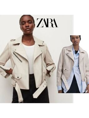 Zara cream ecru faux leather Moto biker jacket coat Sz XL casual Streetwear